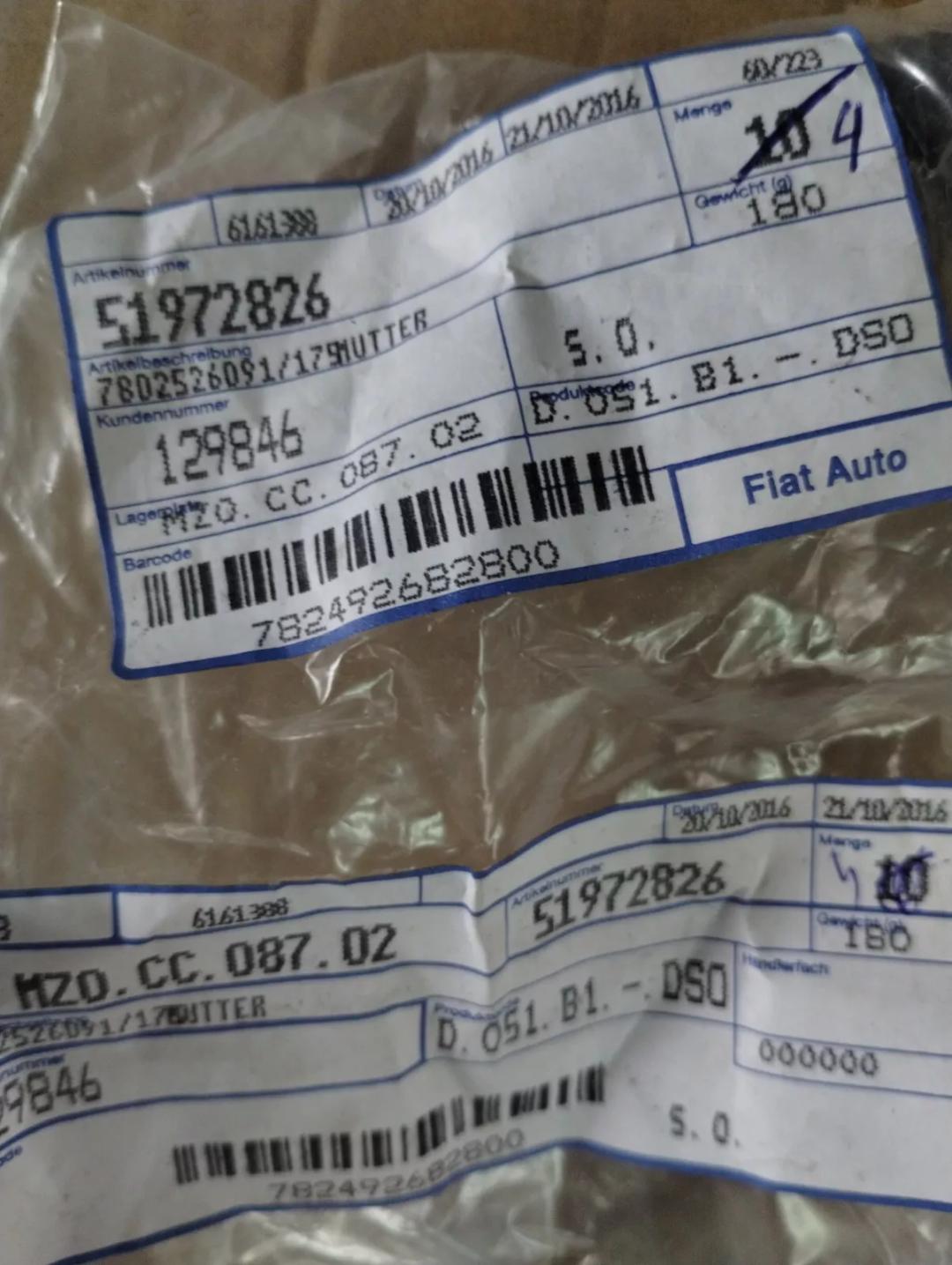 Genuine Fiat, Lancia Alfa Romeo, Nut 4 pcs. Nr:  51972826