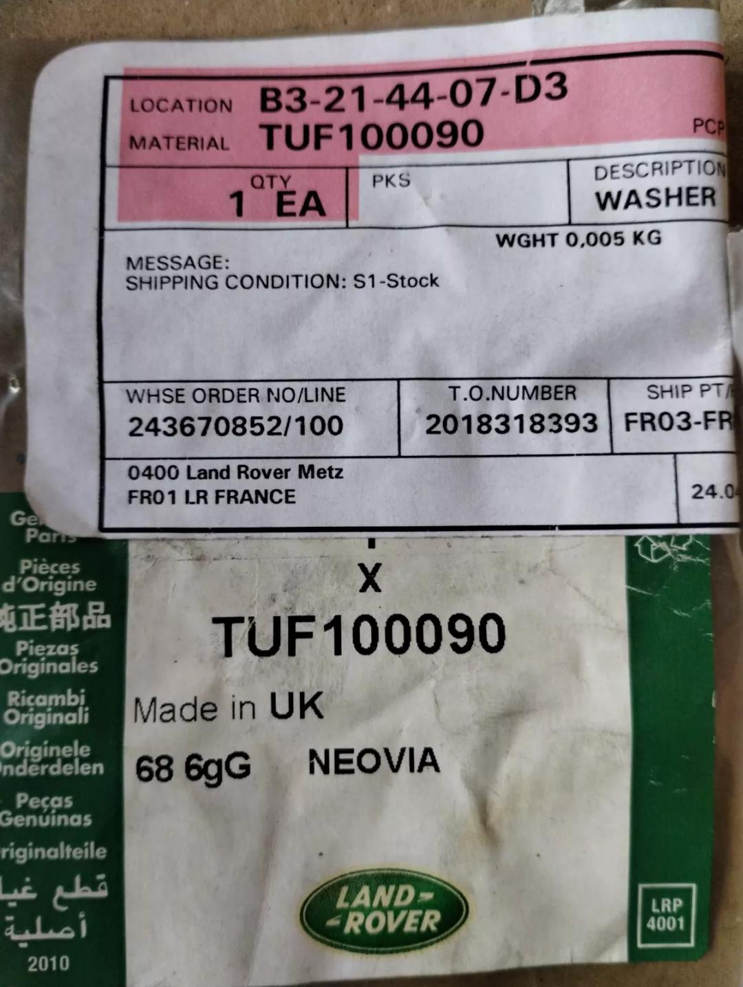 Genuine Jaguar, Land Rover, washer . 1 Pcs Nr: TUF100090